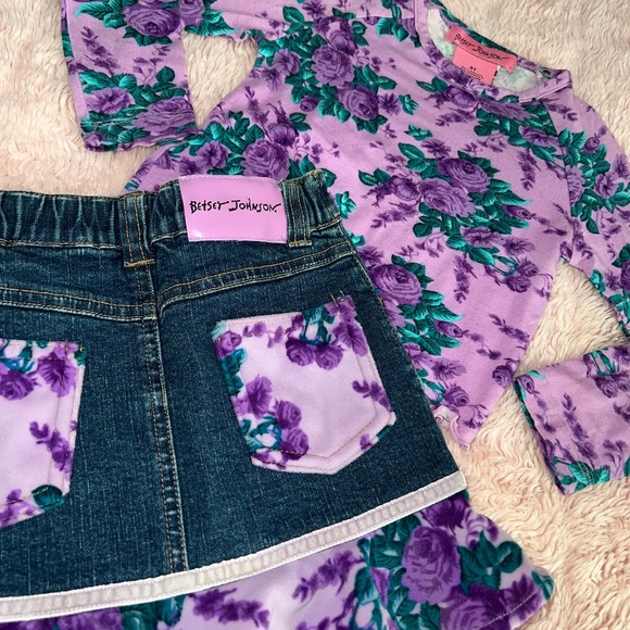 Betsey Johnson Skirt Top Set Denim Velvet Ruffle Lavender Girls 3T Roses Vintage - Picture 5 of 8